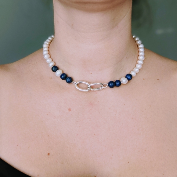 3 Way Pearl & Lapis Lazuli Choker & Bracelet - Picture 3 of 7